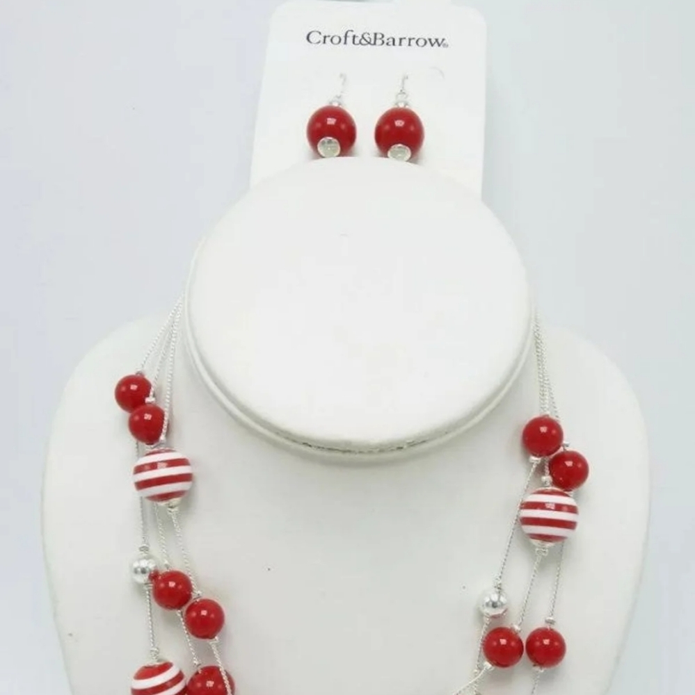 New triple strand red & silver necklace & earrings set